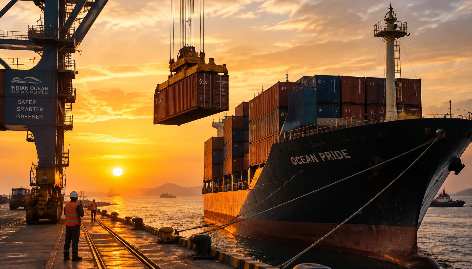 Container being loaded onto a ship at sunset